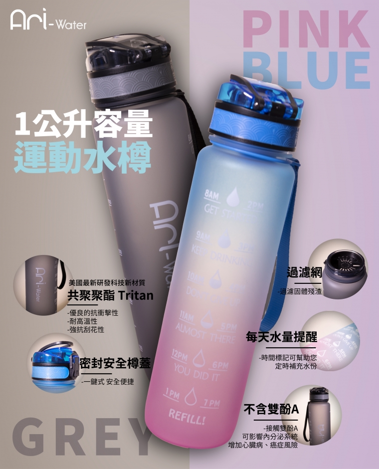 Ari Water 1公升運動水樽(粉藍色)